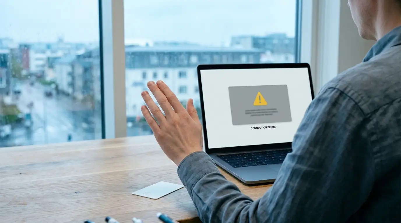 Hand declining a payment card beside a laptop showing a blocked transaction notice