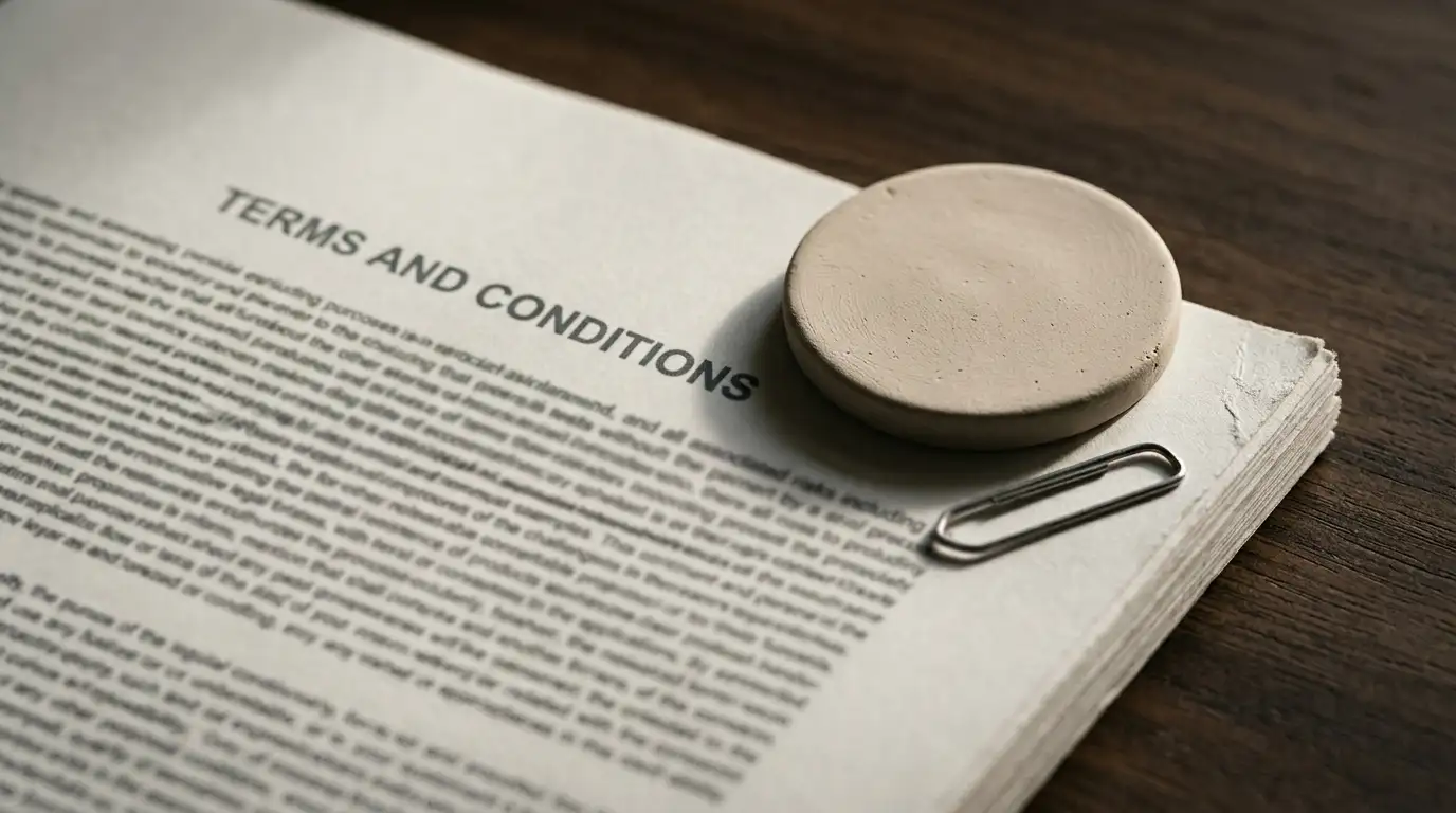 Blank unbranded token resting on a printed terms and conditions page