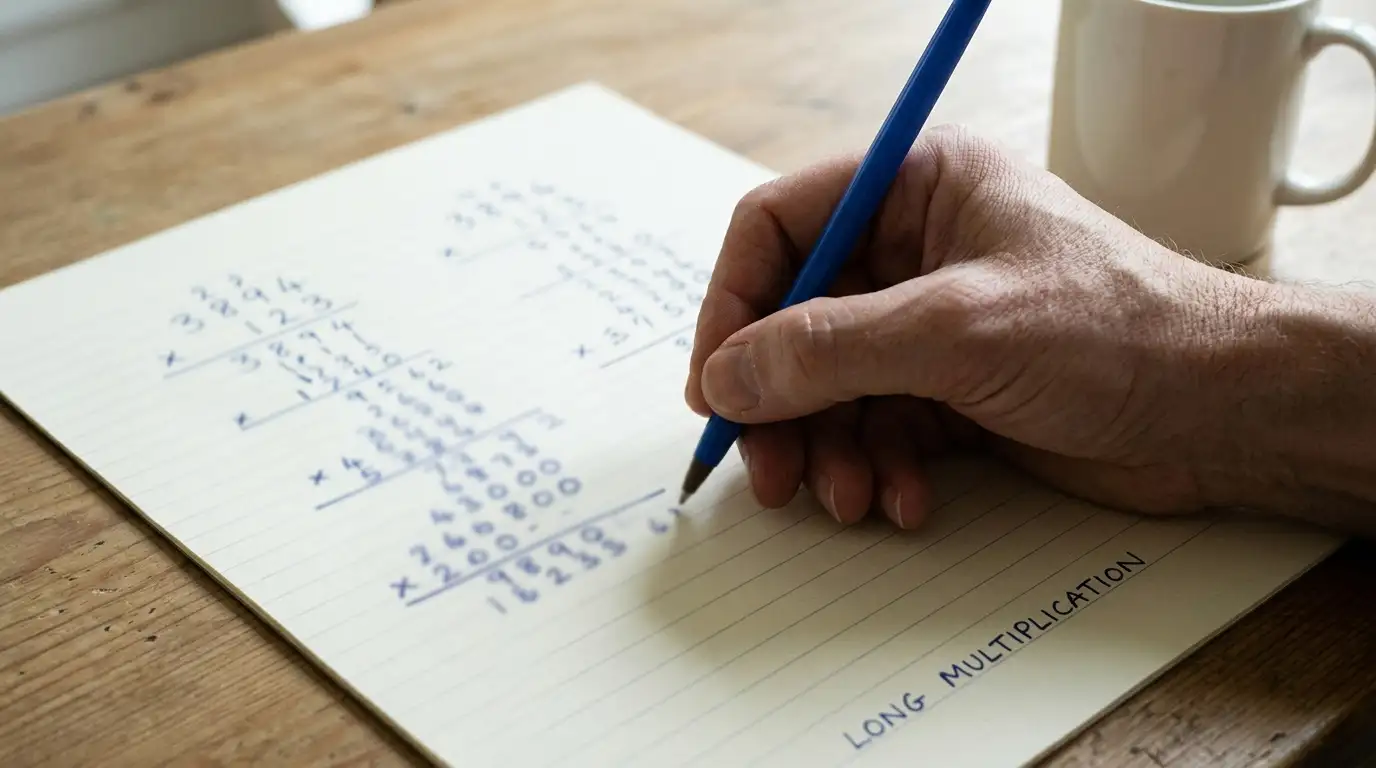 Hand working through a multiplication sum with a pen on lined paper