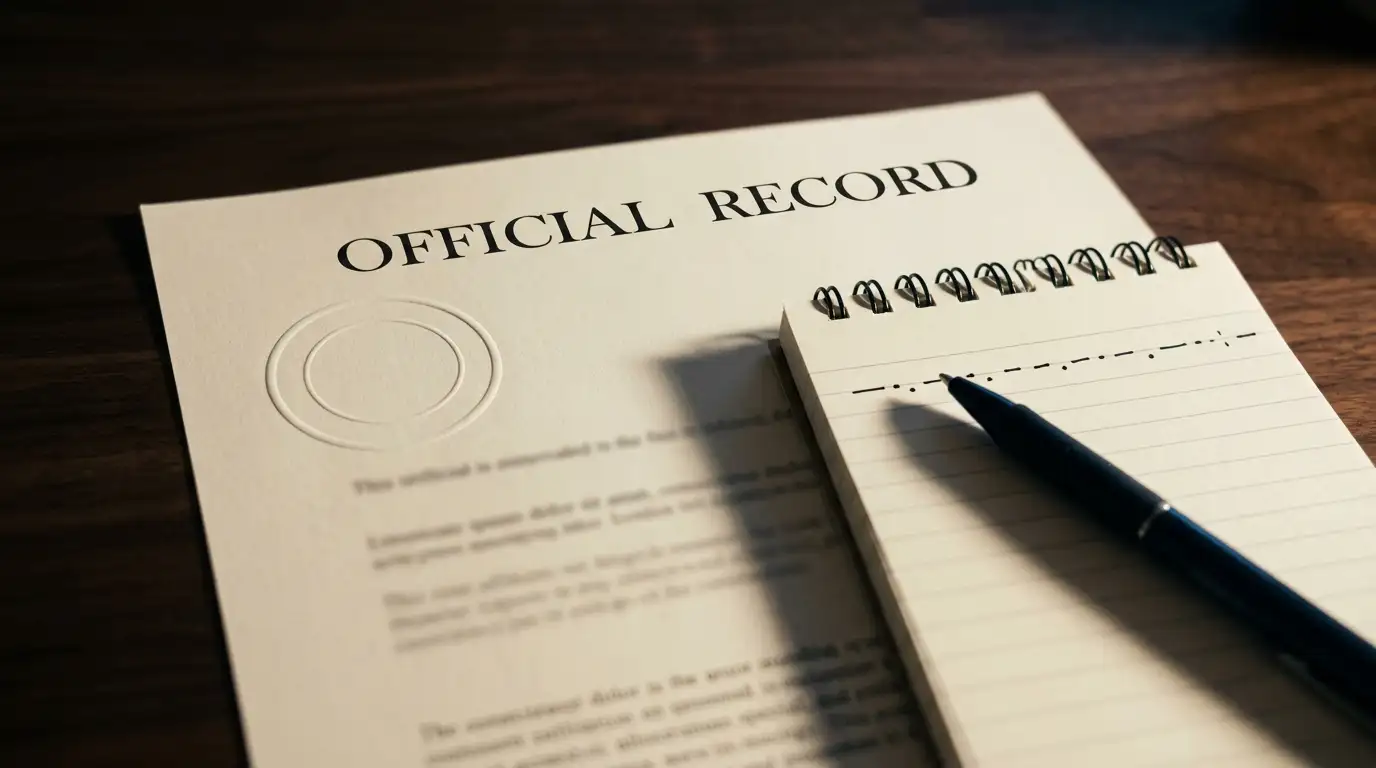Stamped official document beside a notepad showing a withdrawal review timeline