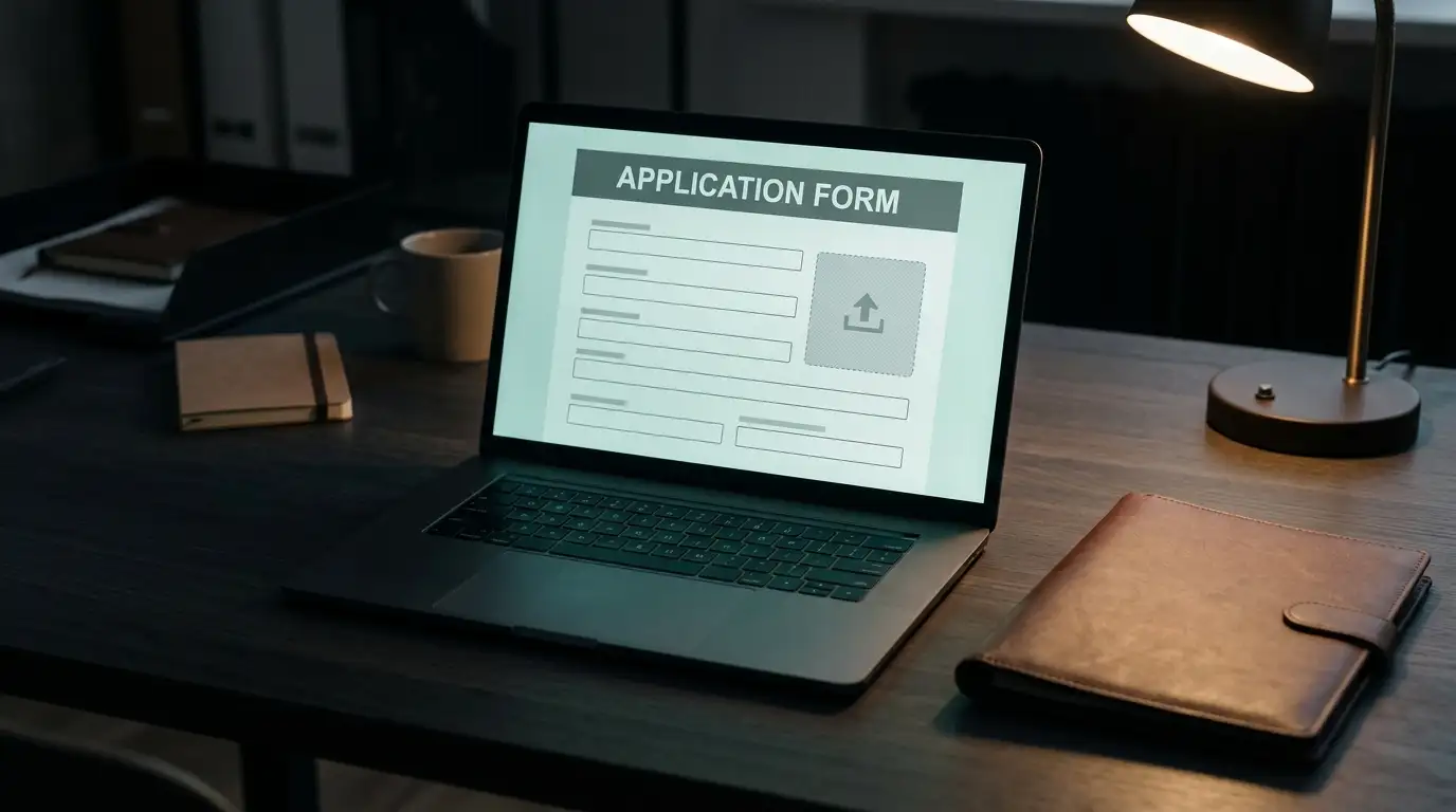 Laptop screen showing an identity verification form beside a closed passport folder