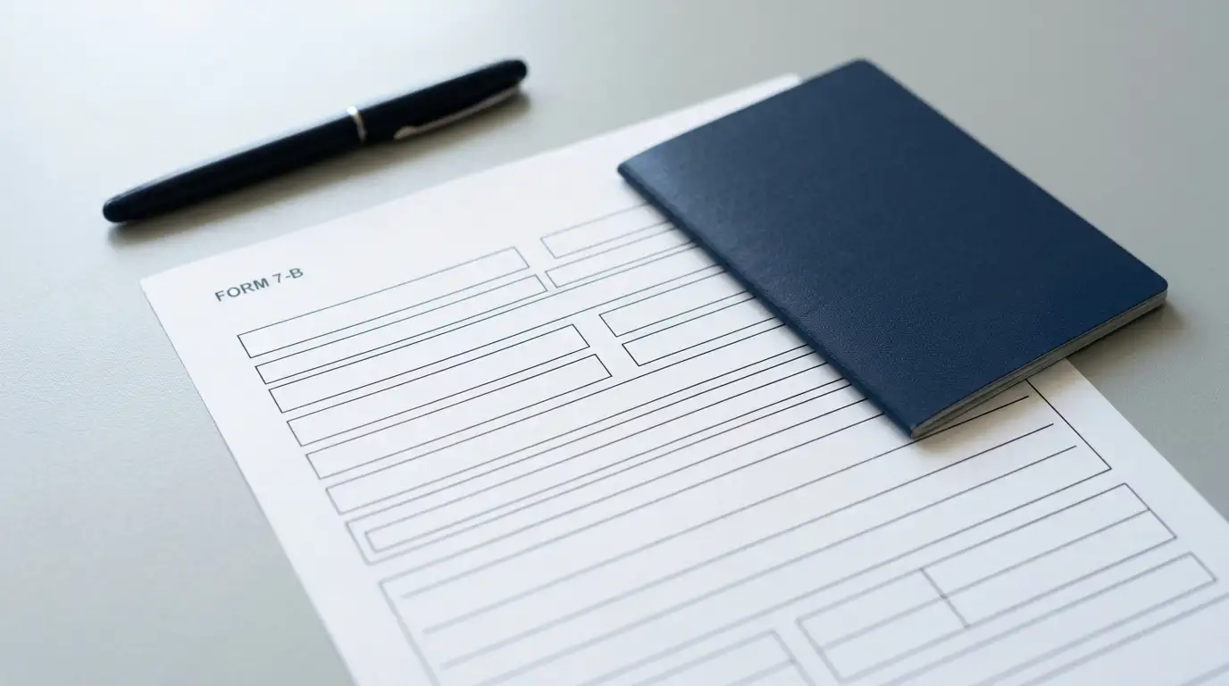 Blank identity form and a closed passport sitting untouched on a desk