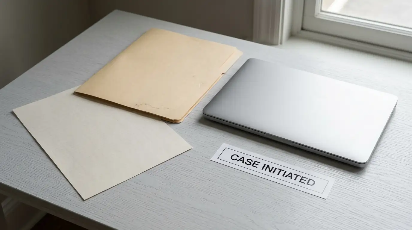 Blank identity form left face down on a desk next to a closed laptop in soft daylight