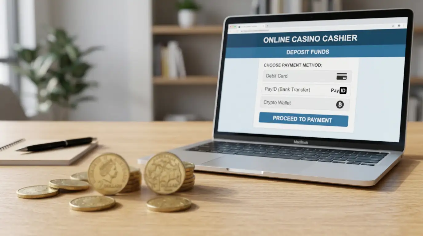 Australian dollar coins next to a laptop showing an online casino cashier screen with deposit options
