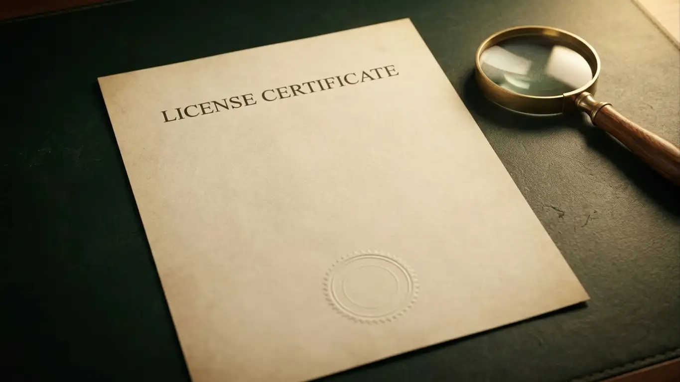 Plain licence certificate on a desk with a magnifying glass resting beside it