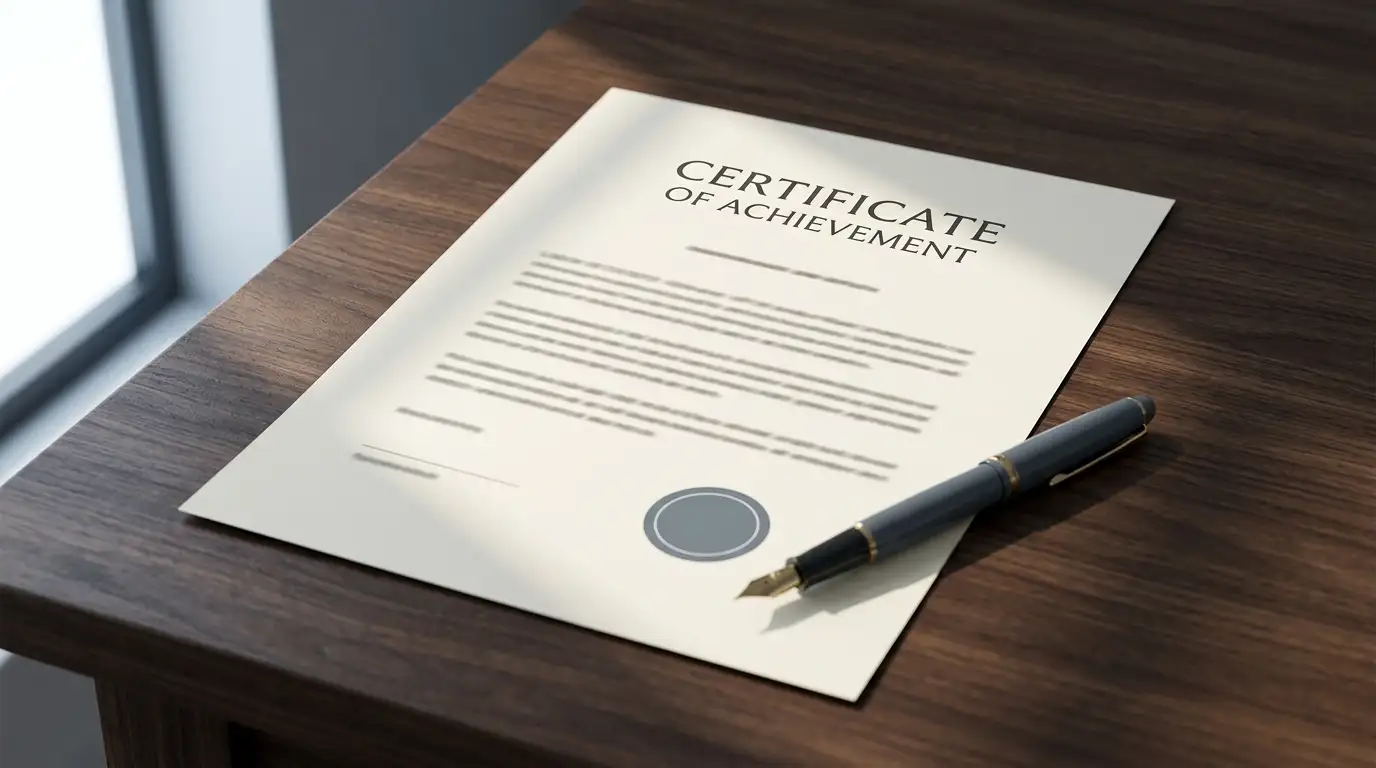 Neutral licence document with an official stamp on an office desk