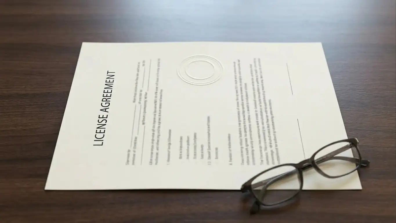 Neutral licensing document with an official stamp resting on a tidy desk beside reading glasses