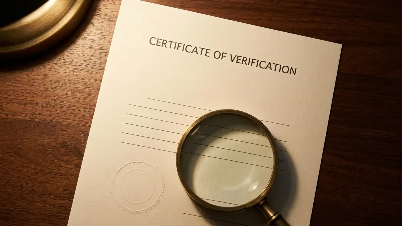 Plain licence certificate on a desk with a magnifying glass resting on the reference number