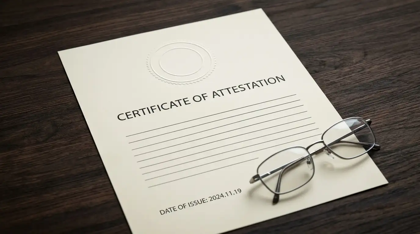 Official document with an embossed stamp lying on a plain desk beside reading glasses