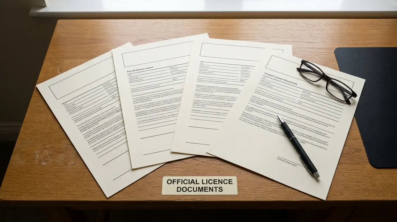 Printed offshore gaming licence documents spread across a desk for checking