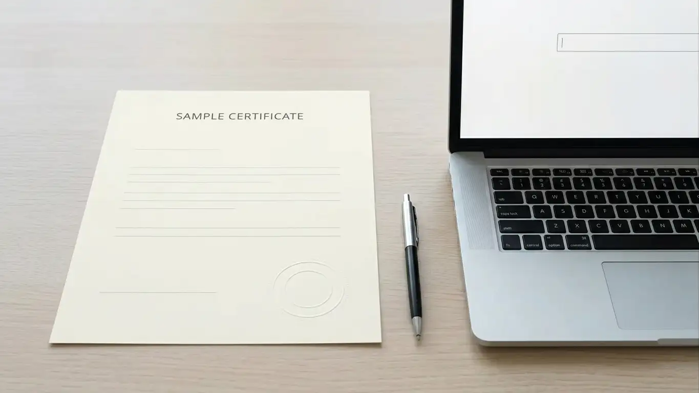 Plain licence certificate on a desk beside a laptop showing a register lookup field