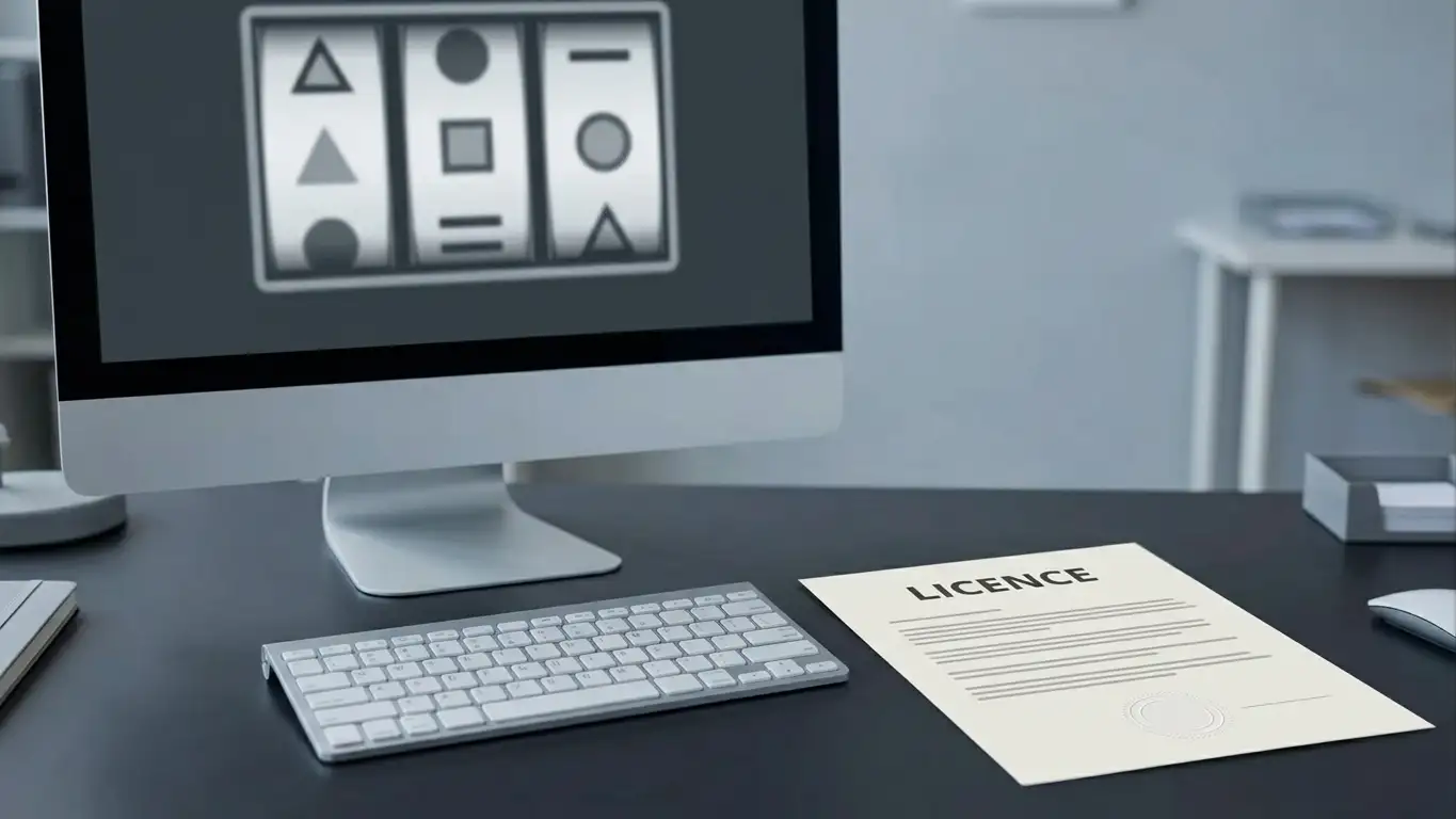 Neutral pokies reels on a monitor beside a plain licence document
