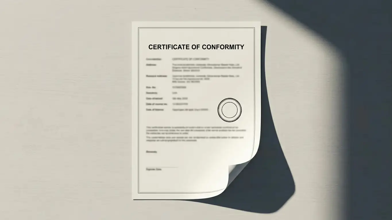 Neutral licensing document with an official stamp on a plain desk