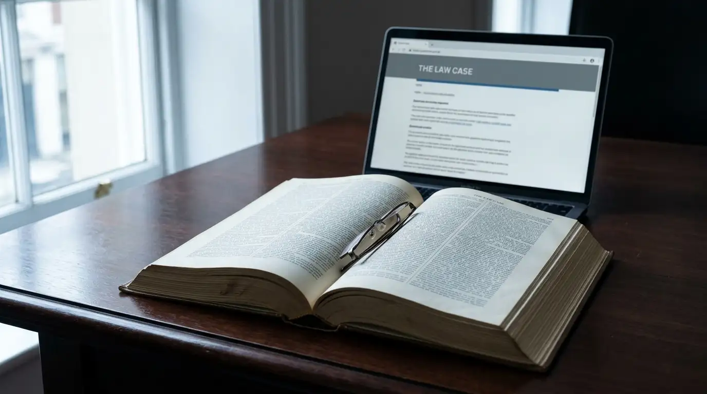 Open statute volume on a desk beside a laptop displaying a plain government webpage