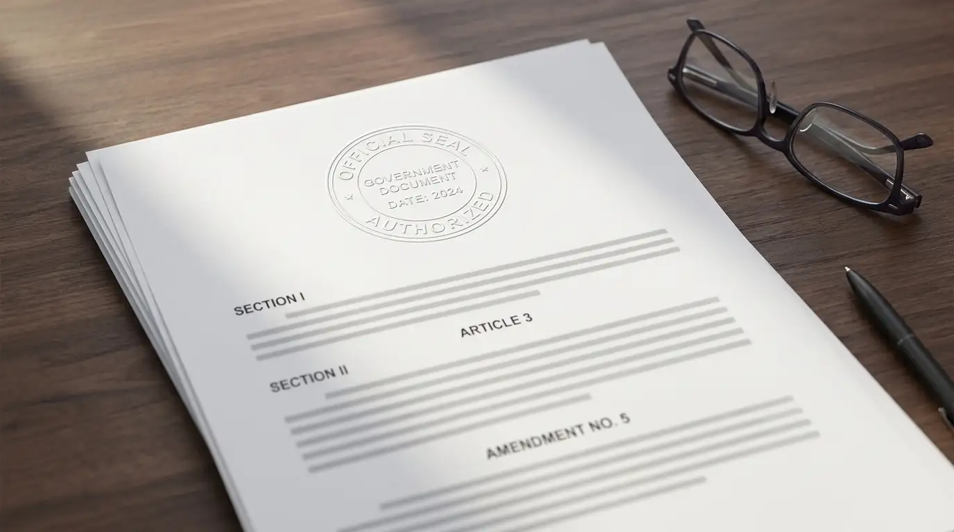 Printed legislative document with an official stamp lying on a desk in daylight