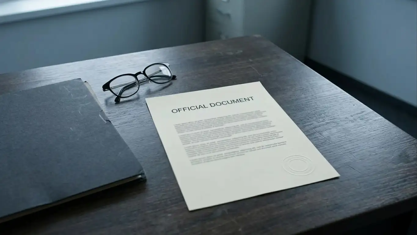 Neutral legal document with an official stamp on a quiet office desk