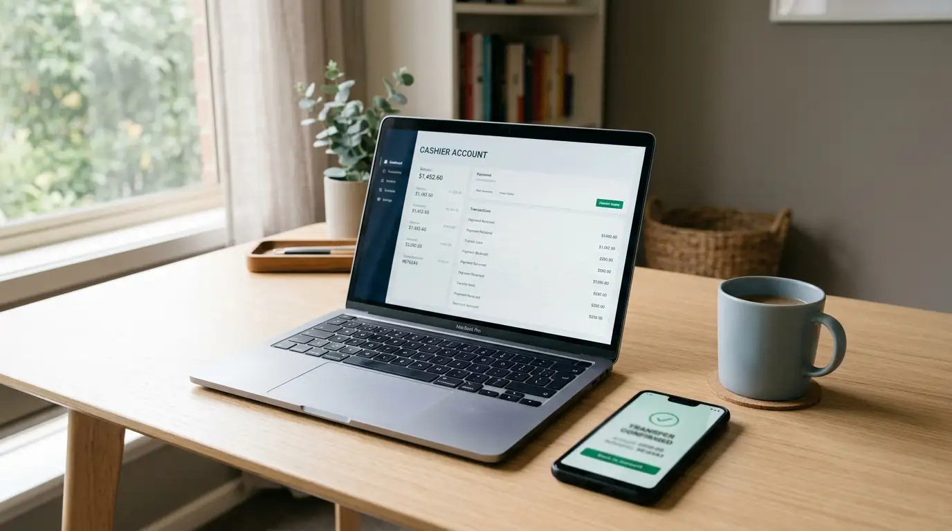 Laptop and smartphone on a desk showing an online pokies instant withdrawal request
