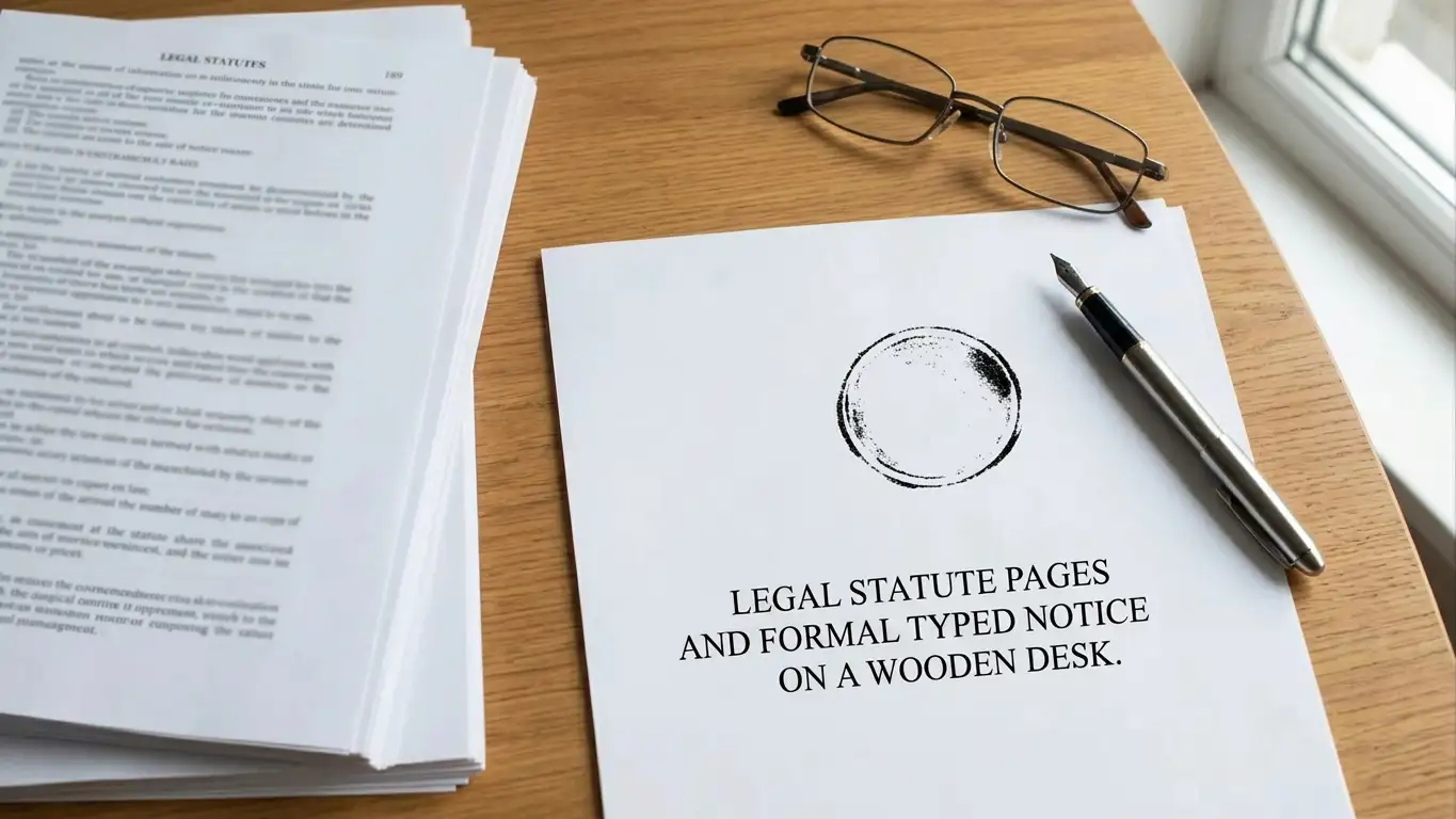 Printed regulatory notice and statute pages on a desk in daylight