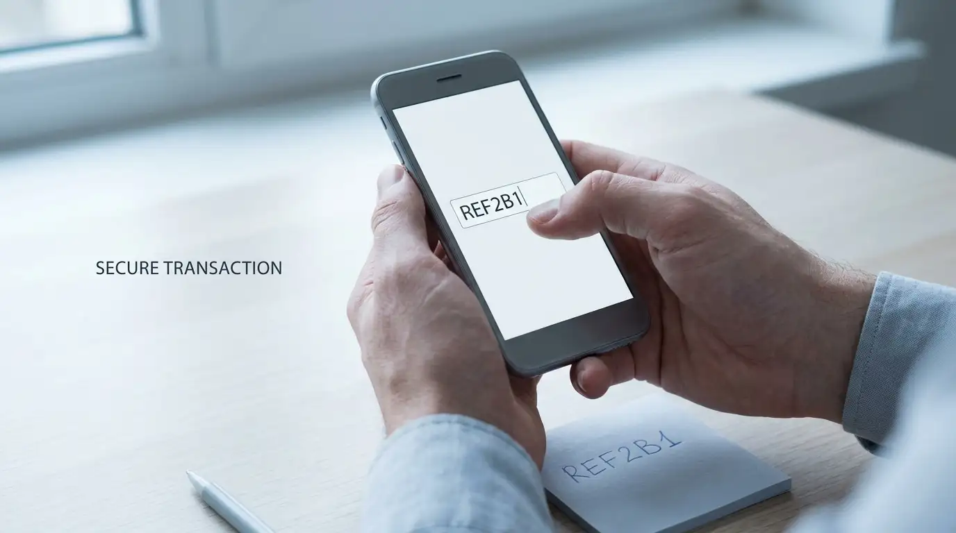 Hands entering a payment reference into a banking app at a tidy desk