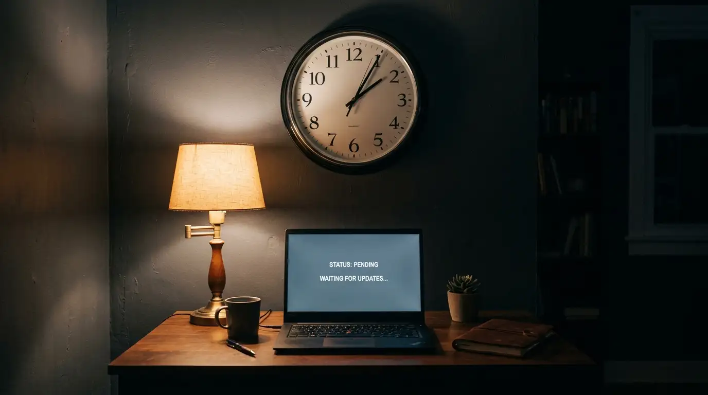 Wall clock beside a laptop showing a pending withdrawal request late at night