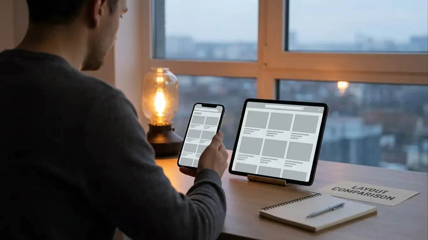 Person comparing two site listings on a phone and a tablet at a home desk