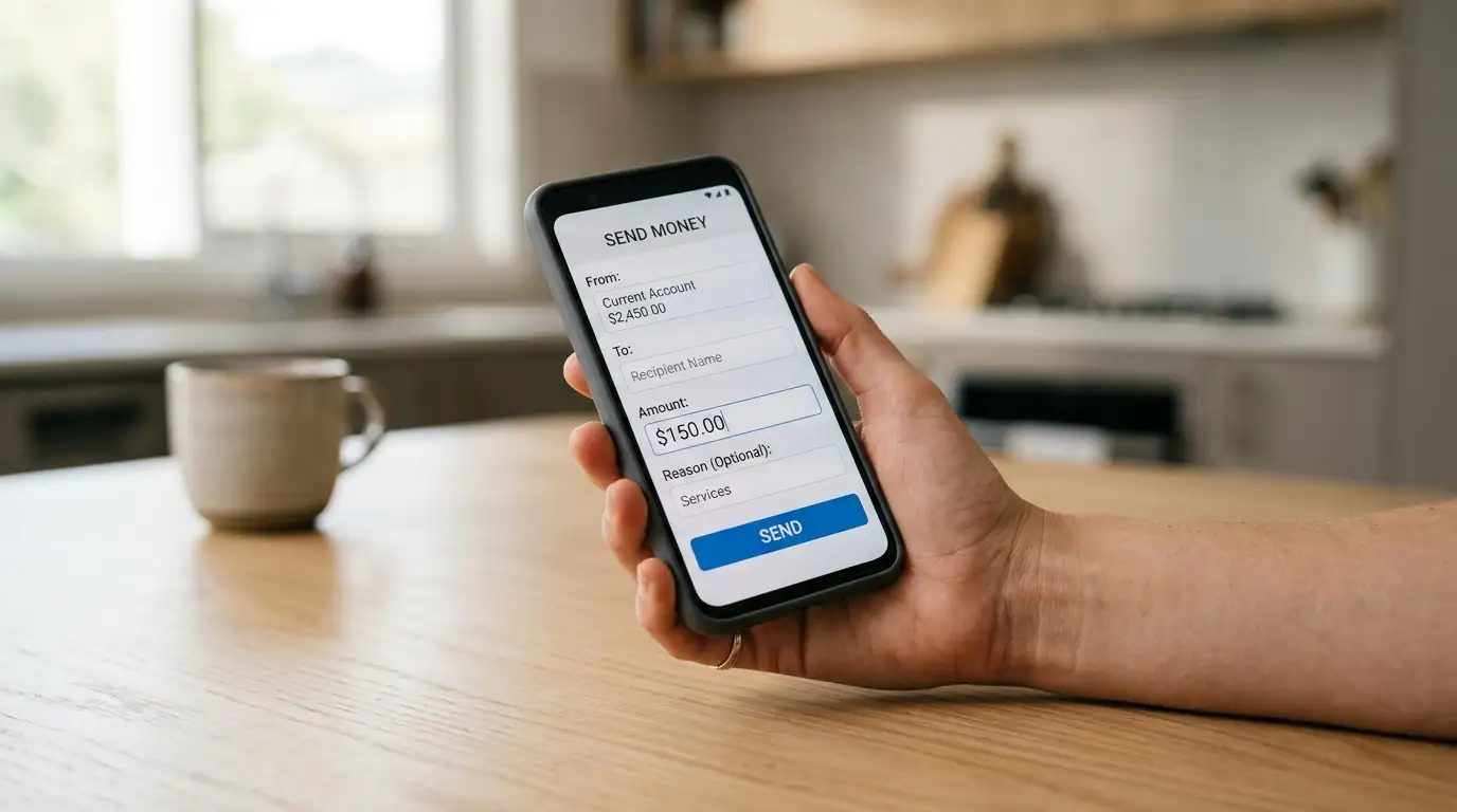 Hand holding a smartphone showing a banking app transfer screen on a kitchen bench