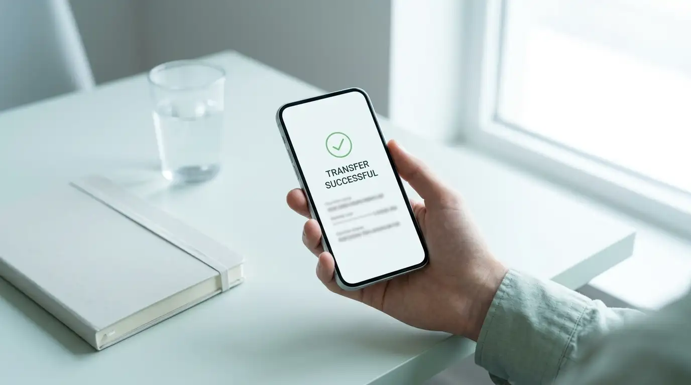 Smartphone showing a neutral banking transfer confirmation screen held above a desk