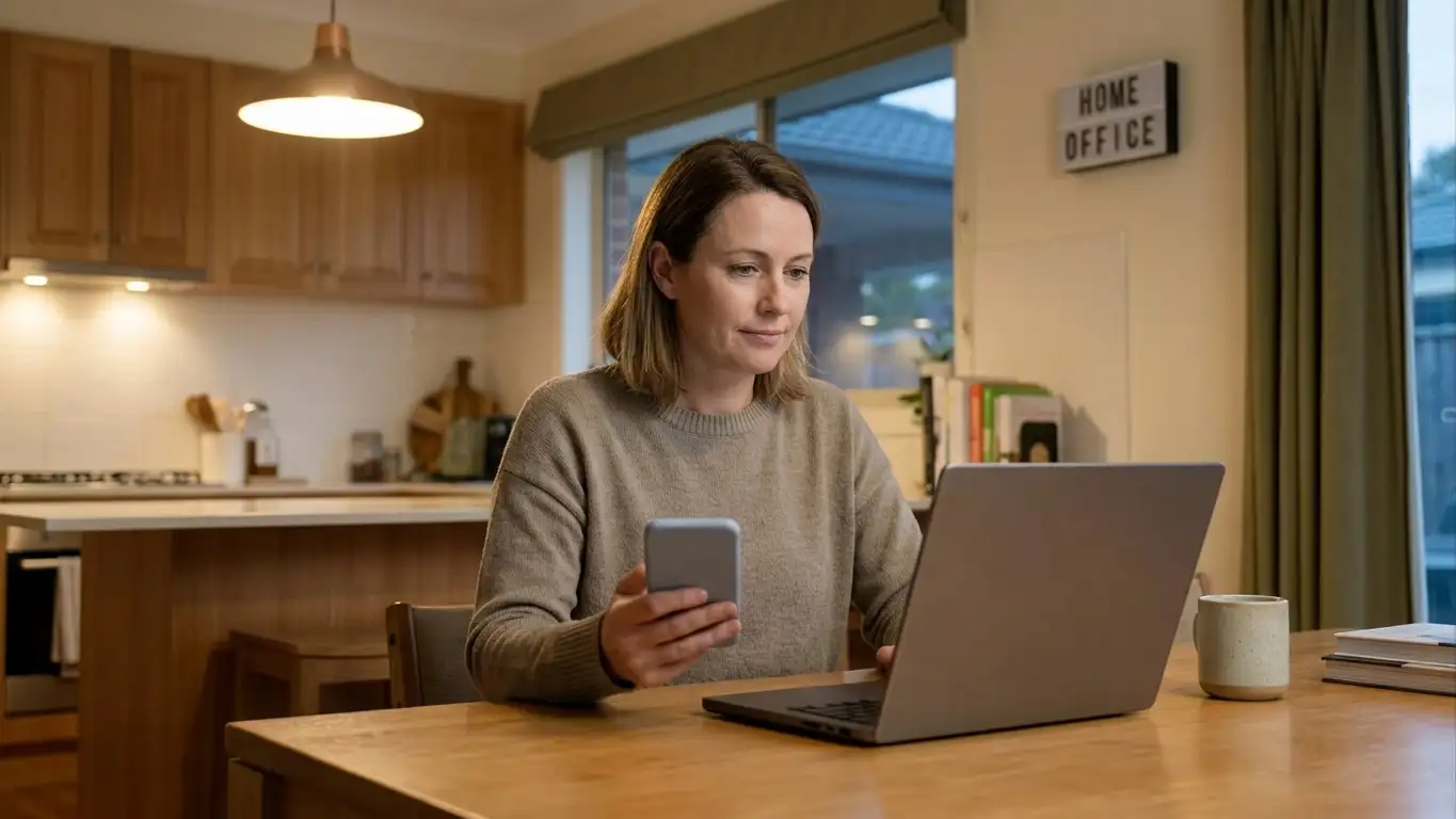 Person at a kitchen table comparing payout options on a laptop and a phone