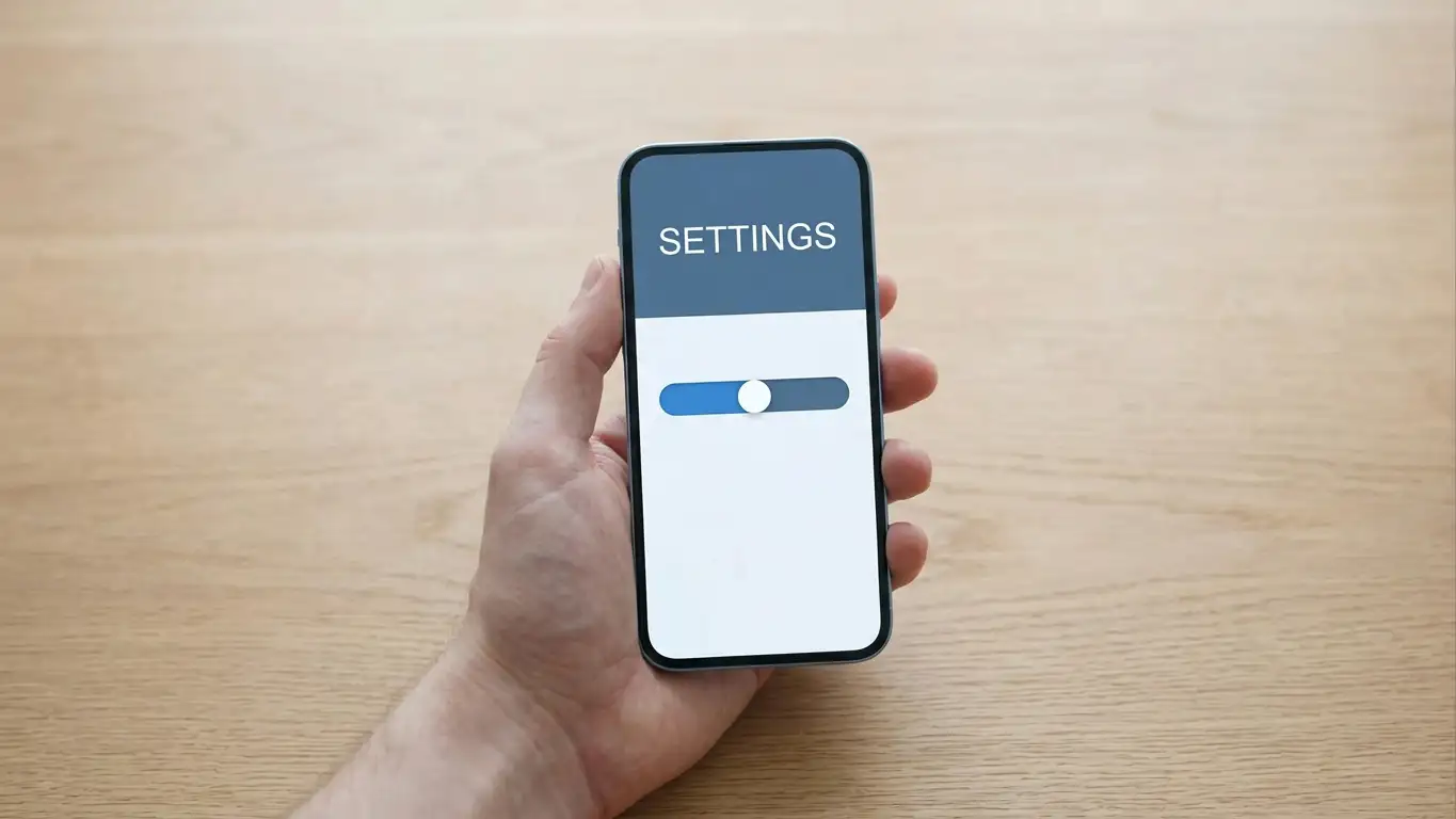 Smartphone displaying a generic banking app transfer limit setting, held above a wooden table