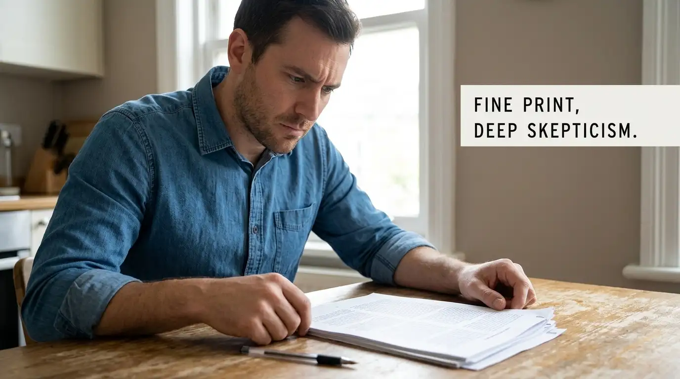 Person at a table reading dense printed terms and conditions with a pen resting on the page