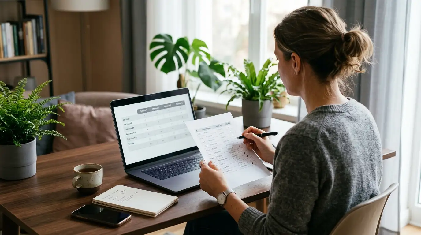 Person at a laptop comparing a printed list of site conditions with a pen in hand