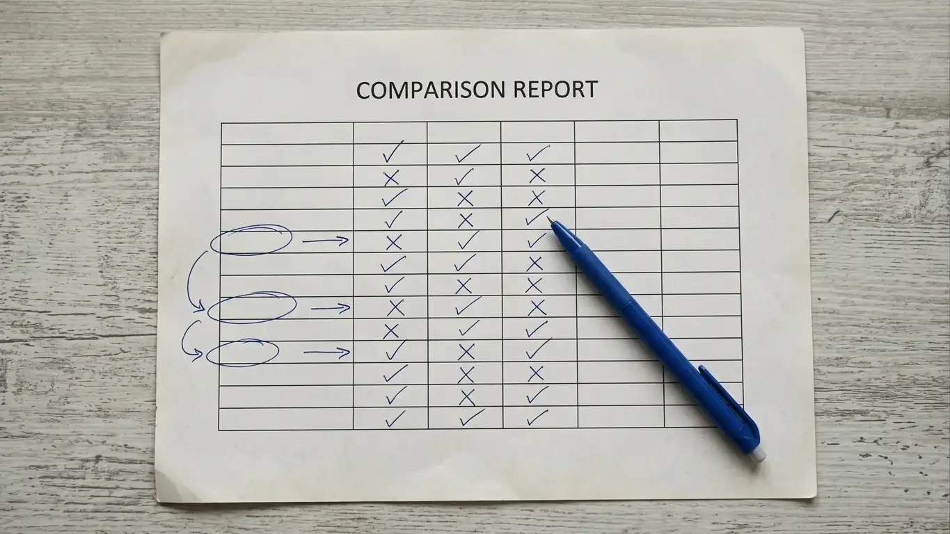 Printed comparison sheet listing casino sites with PayID deposit and withdrawal columns marked up by hand