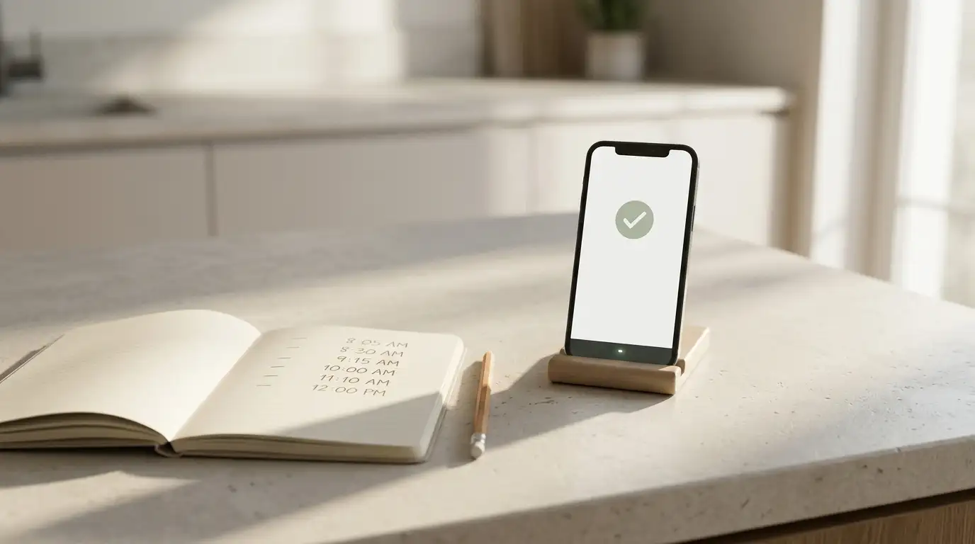 Smartphone banking app open beside a notebook tracking withdrawal times