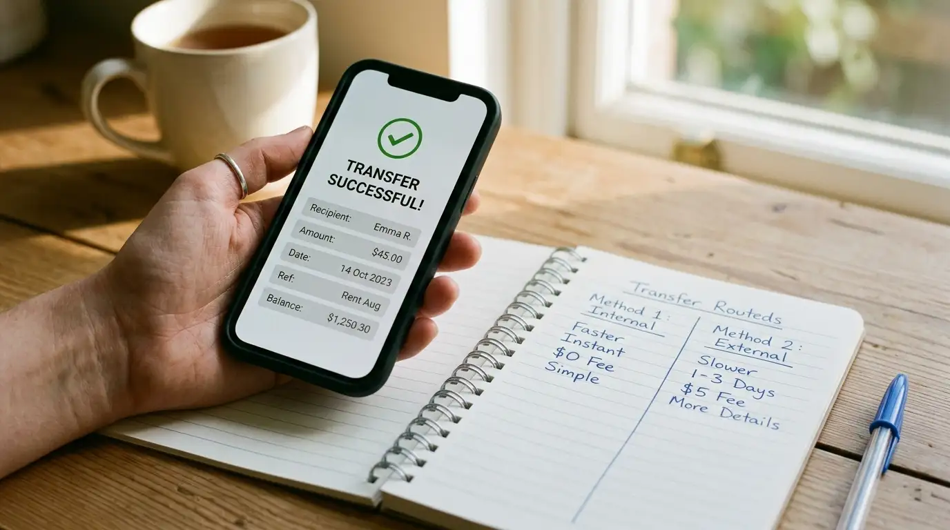 Smartphone banking screen next to a notepad comparing payout routes