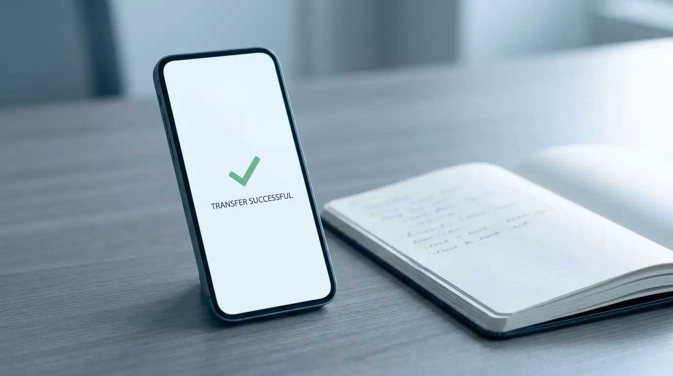 Smartphone showing an instant transfer confirmation beside a notebook of payout times