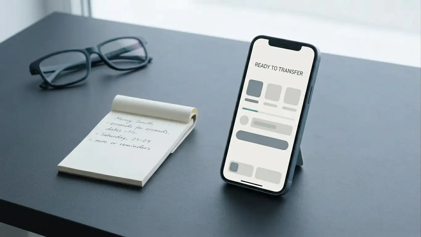 Smartphone showing a neutral banking transfer screen beside a notepad of payment options