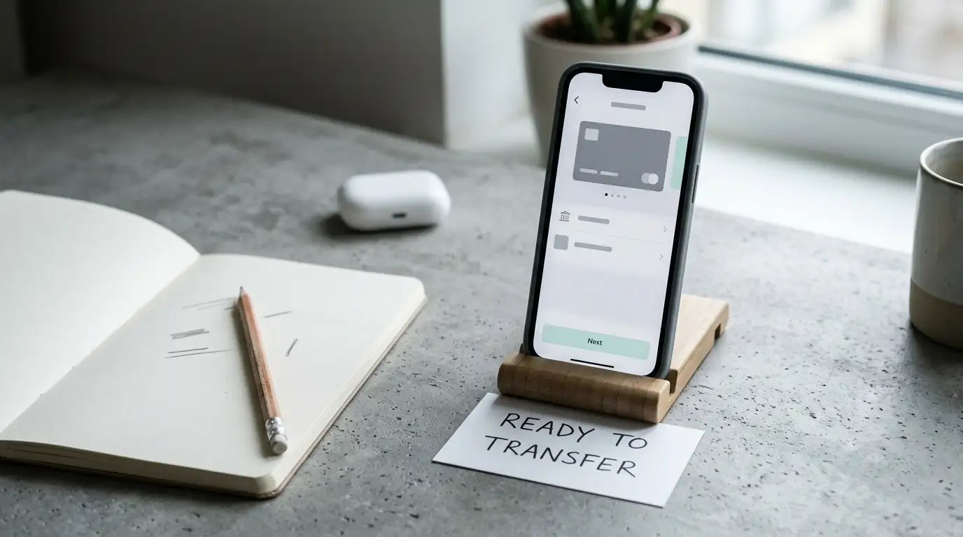 Smartphone showing a neutral banking transfer screen next to a notebook