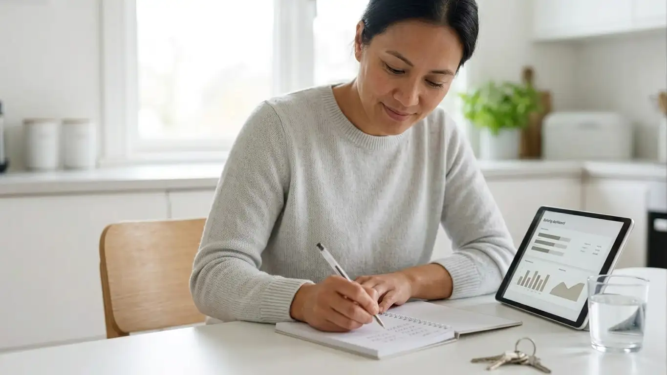 Person at a kitchen table writing figures in a notebook beside an open banking app on a tablet