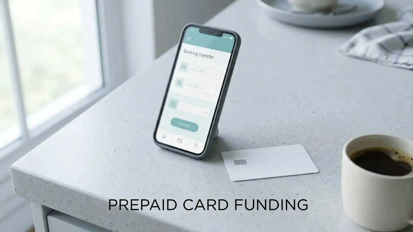 Smartphone banking app open beside a prepaid voucher on a kitchen bench