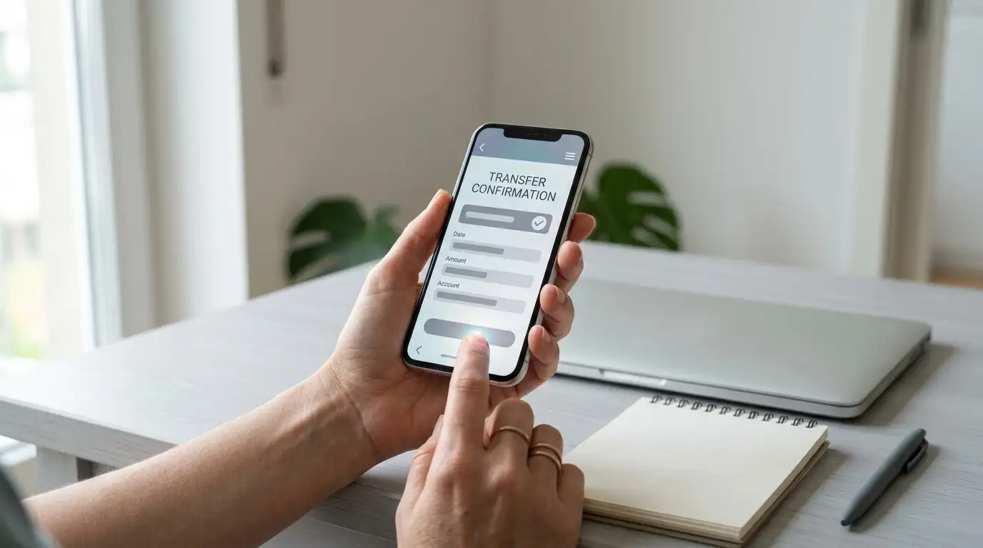 Smartphone showing a neutral banking transfer screen held over a desk