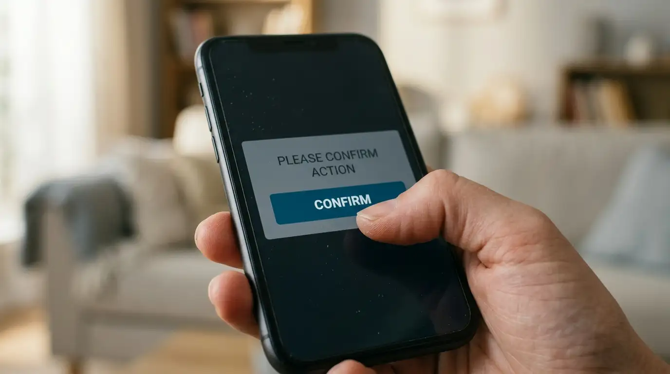 Close view of a thumb confirming a transfer inside a mobile banking application