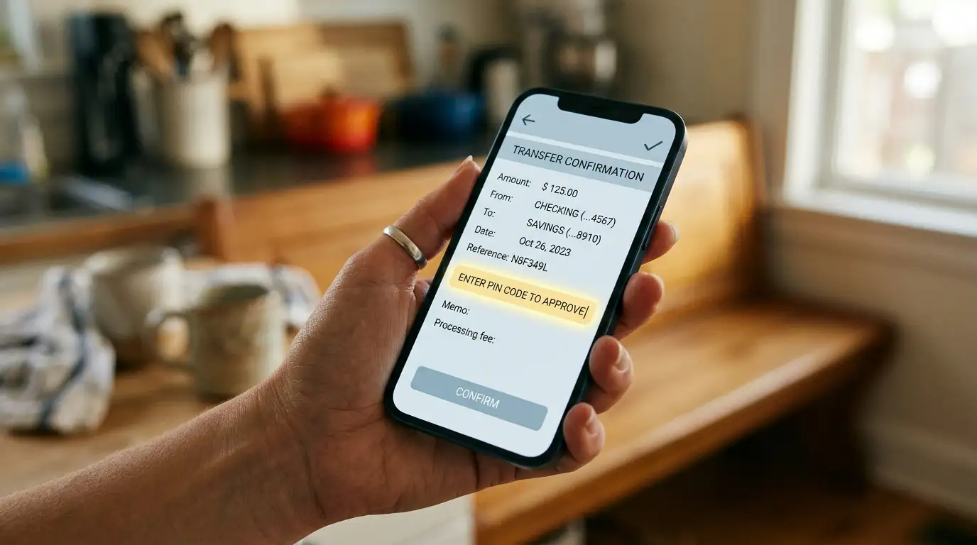 Hand holding a phone with a bank transfer confirmation screen and a reference field highlighted