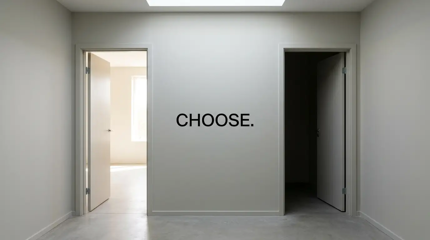 Two plain doorways side by side in a quiet hallway, one open and one ajar