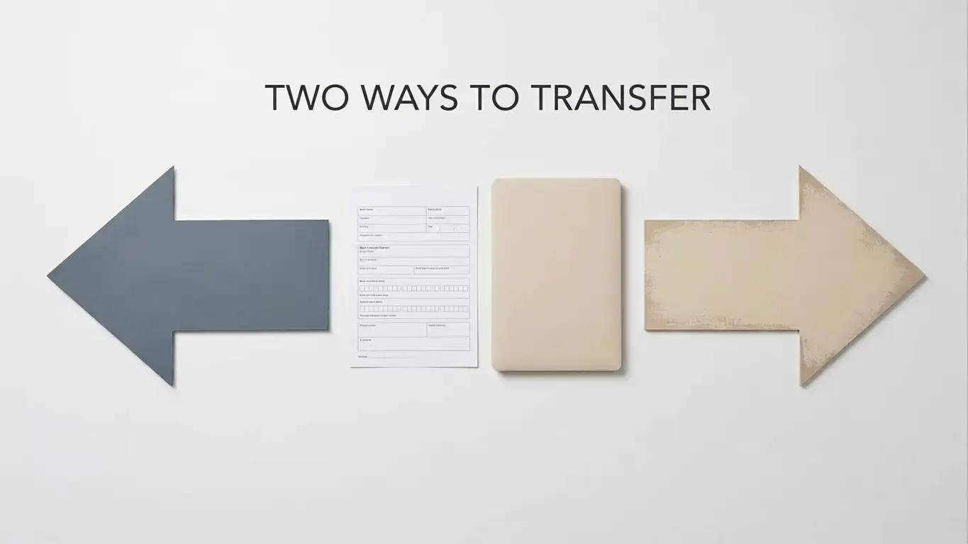 Two arrows on a clean surface pointing in opposite directions beside a bank transfer form