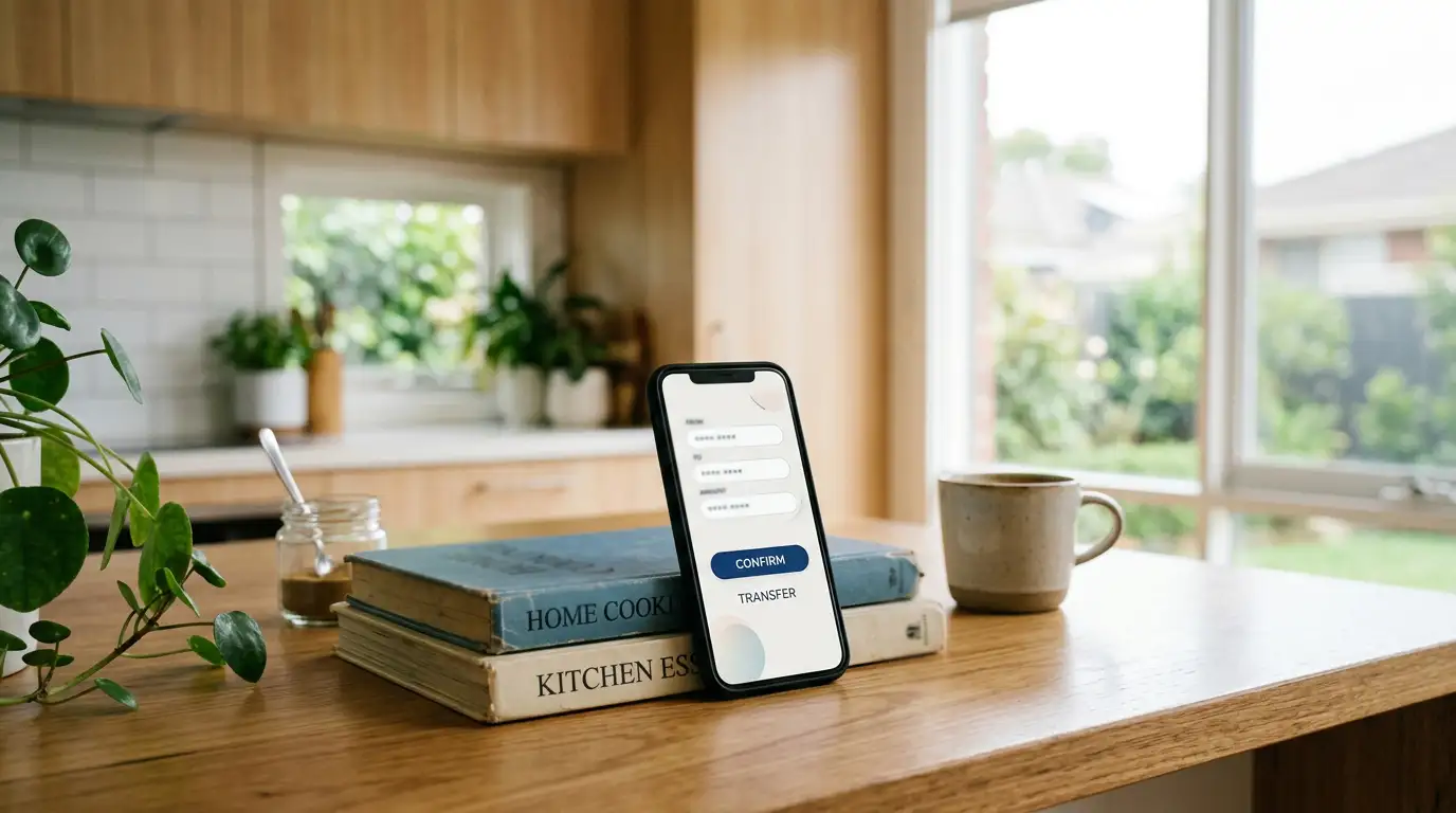 Phone displaying a banking app transfer screen on a table in an Australian home