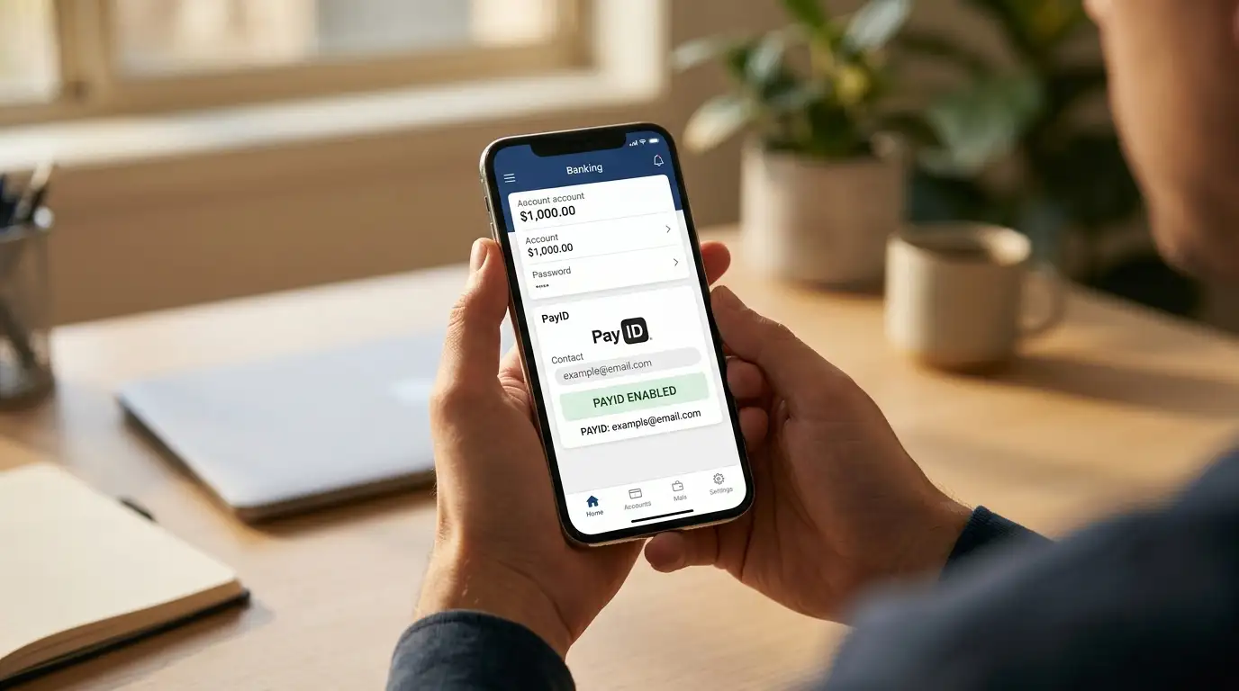 Person using smartphone banking app for instant PayID transfer