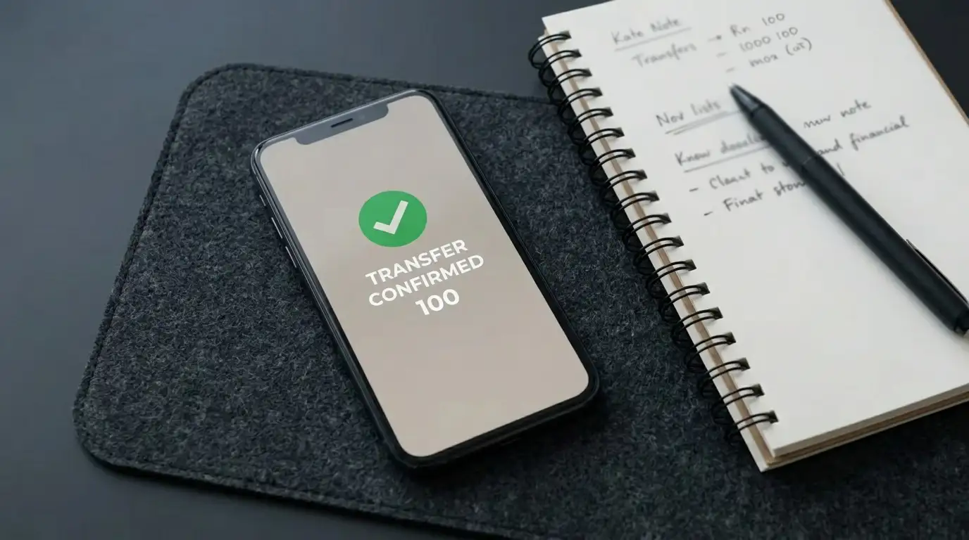 Smartphone showing a bank transfer confirmation screen beside a notepad