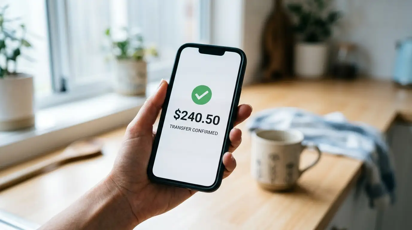 Smartphone showing an instant PayID transfer between Australian bank accounts