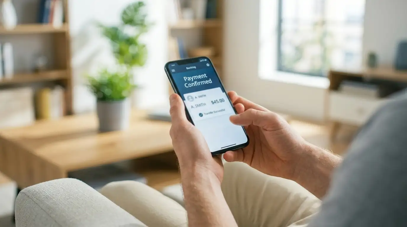 Person holding smartphone showing banking app payment confirmation screen