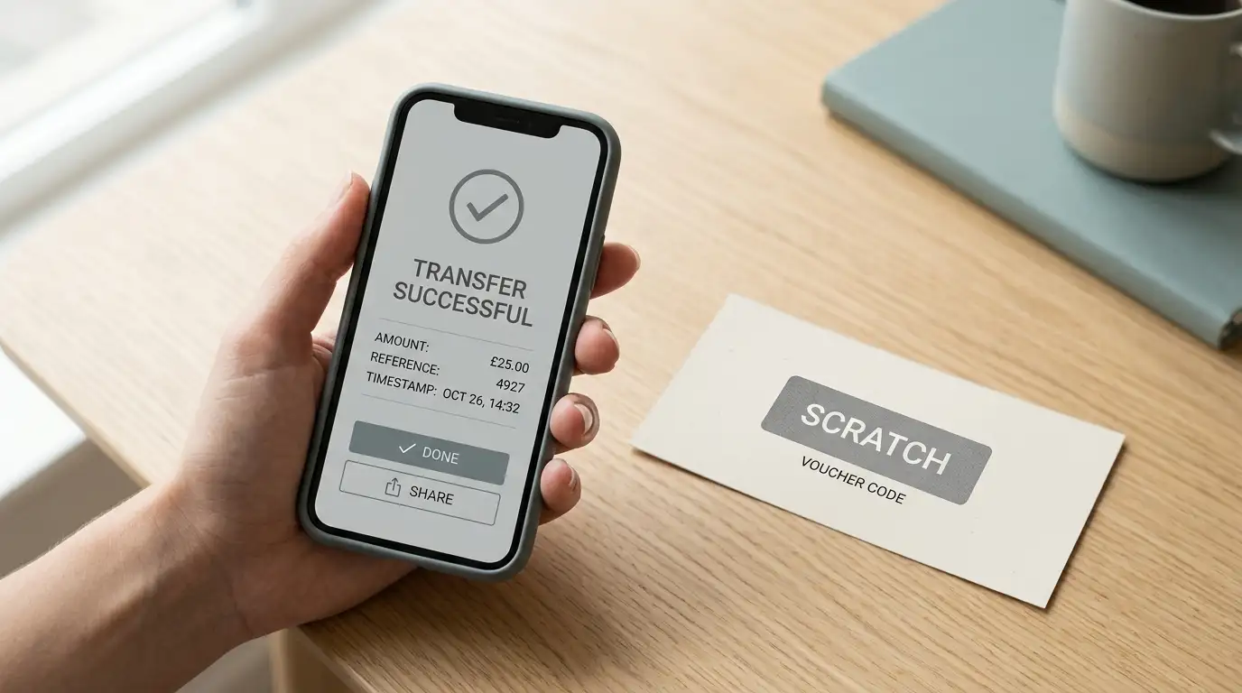 Smartphone showing a neutral banking transfer screen next to a prepaid voucher slip